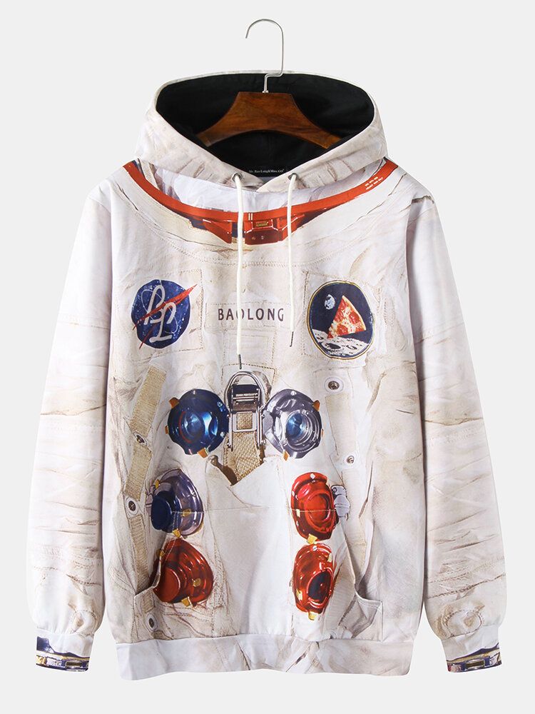 Herren Design Astronaut Print Kangaroo Pocket Langarm Casual Hoodies