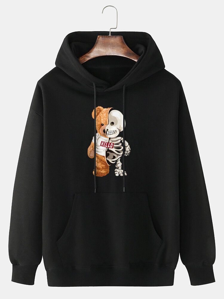 Herren Design Doll Bear Skull Print Kangaroo Pocket Hoodies Aus 100 % Baumwolle