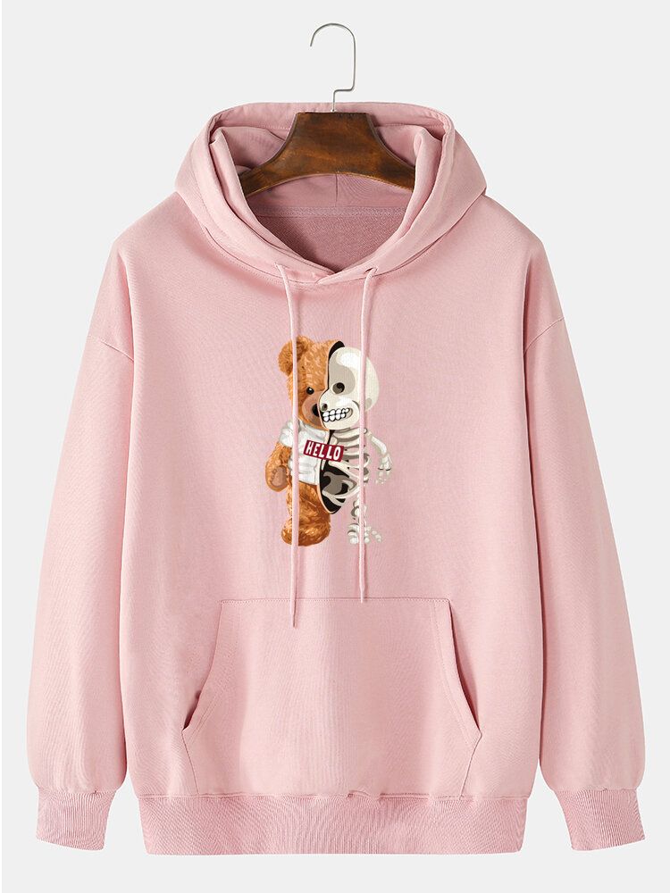 Herren Design Doll Bear Skull Print Kangaroo Pocket Hoodies Aus 100 % Baumwolle