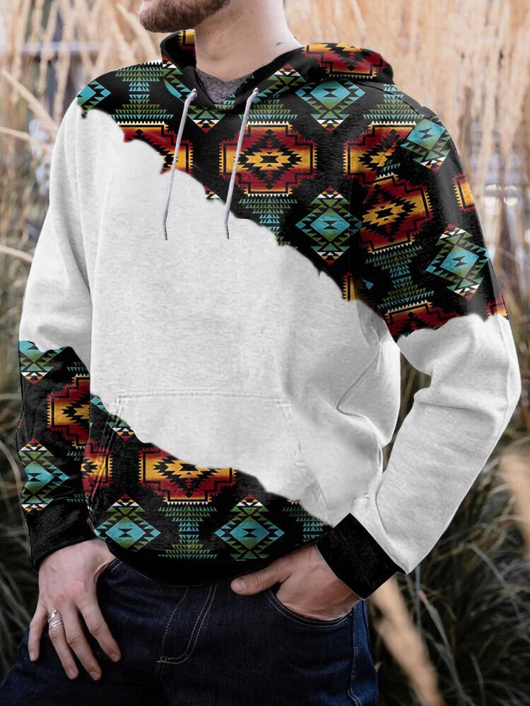 Herren Geometrisches Muster Patchwork Känguru-taschen-freizeit-kapuzen-sweatshirt