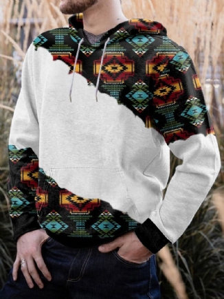 Herren Geometrisches Muster Patchwork Känguru-taschen-freizeit-kapuzen-sweatshirt