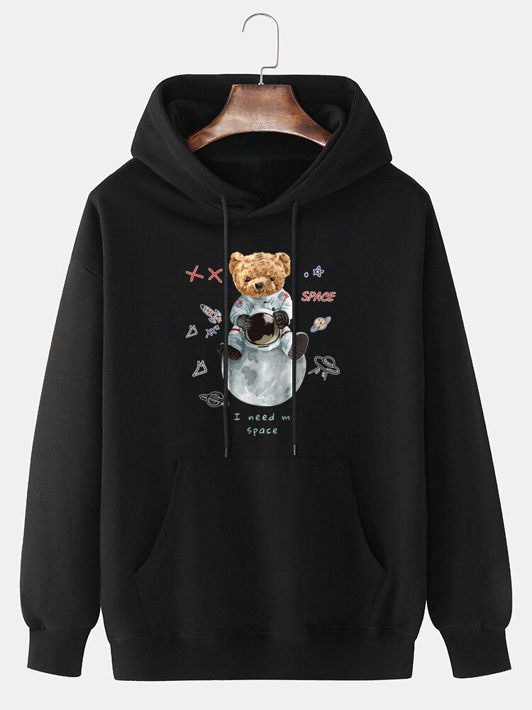 Herren-hoodie Aus 100 % Baumwolle Mit Astronauten-bärendruck Tief Angesetzter Schulter Und Tasche