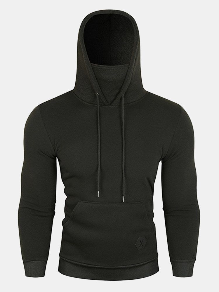 Herren Kapuzen-sweatshirt Aus Solidem Fleece Mit Kordelzug Stehkragen Sport Und Fronttaschen