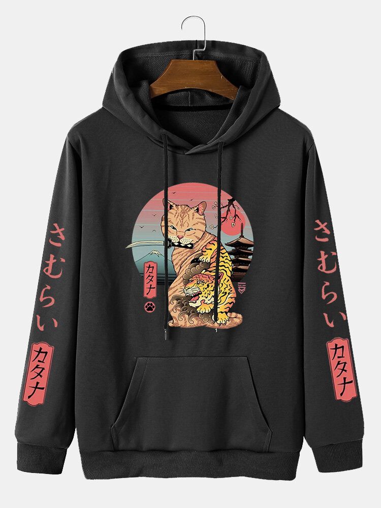 Herren Kapuzen-sweatshirt Im Japanischen Stil Mit Känguru-taschenbuchstaben Und Cartoon-print