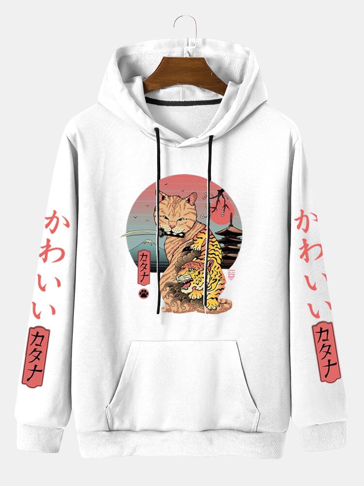 Herren Kapuzen-sweatshirt Im Japanischen Stil Mit Känguru-taschenbuchstaben Und Cartoon-print