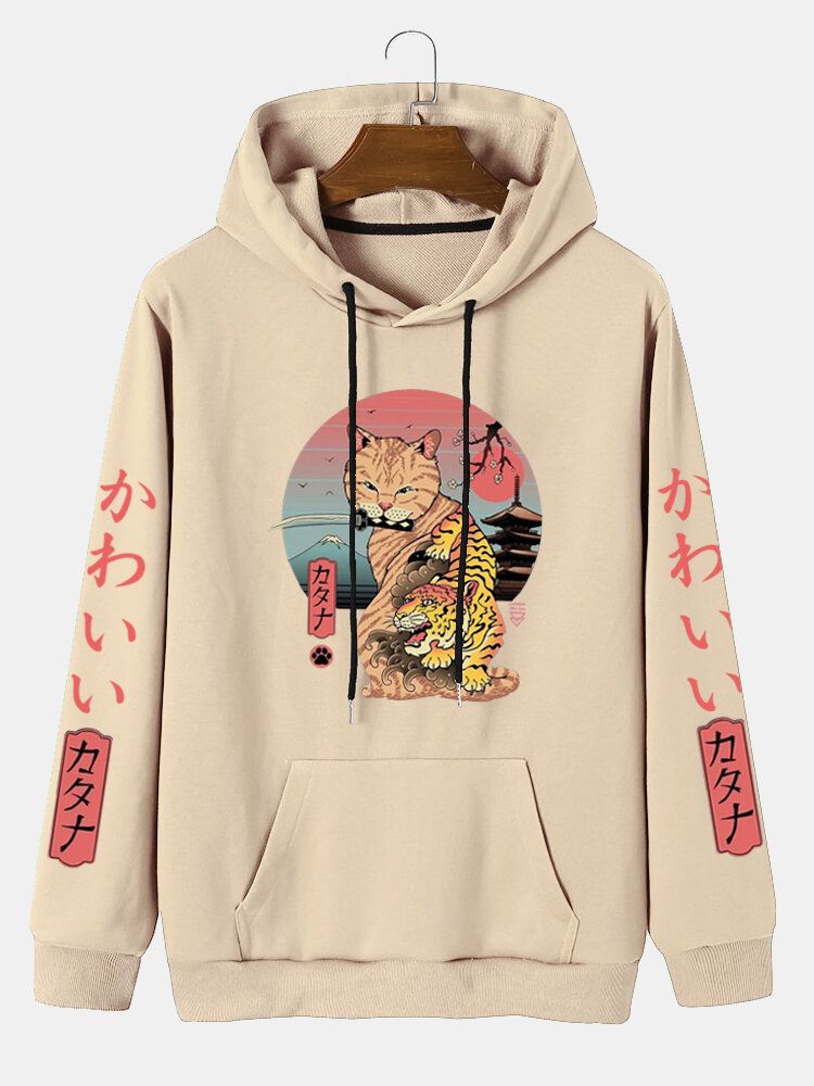 Herren Kapuzen-sweatshirt Im Japanischen Stil Mit Känguru-taschenbuchstaben Und Cartoon-print