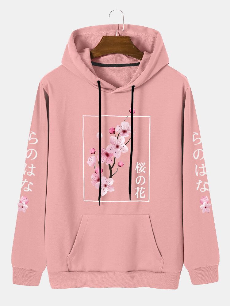 Herren Kapuzen-sweatshirt Mit Känguru-tasche Und Kordelzug Japanischer Buchstabendruck Kirsche