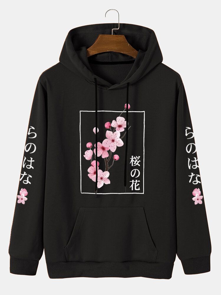 Herren Kapuzen-sweatshirt Mit Känguru-tasche Und Kordelzug Japanischer Buchstabendruck Kirsche