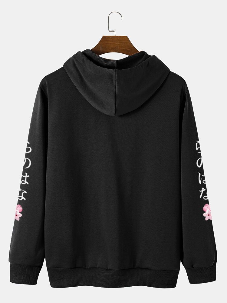 Herren Kapuzen-sweatshirt Mit Känguru-tasche Und Kordelzug Japanischer Buchstabendruck Kirsche