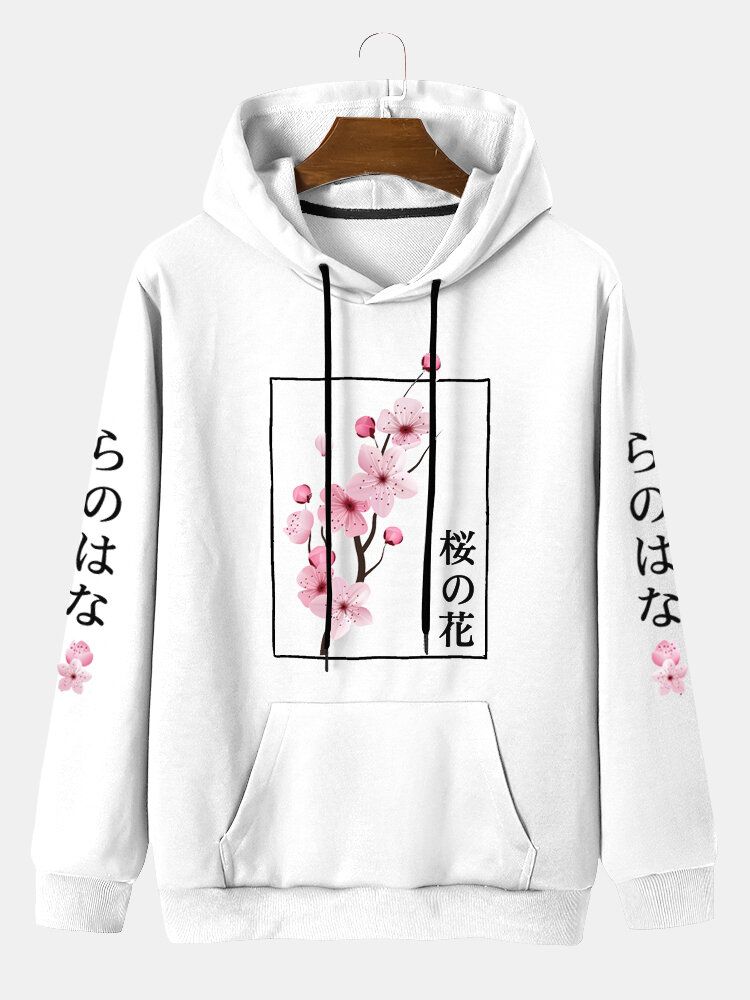 Herren Kapuzen-sweatshirt Mit Känguru-tasche Und Kordelzug Japanischer Buchstabendruck Kirsche