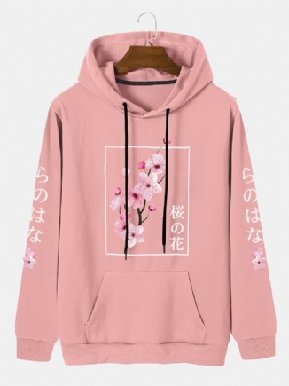 Herren Kapuzen-sweatshirt Mit Känguru-tasche Und Kordelzug Japanischer Buchstabendruck Kirsche