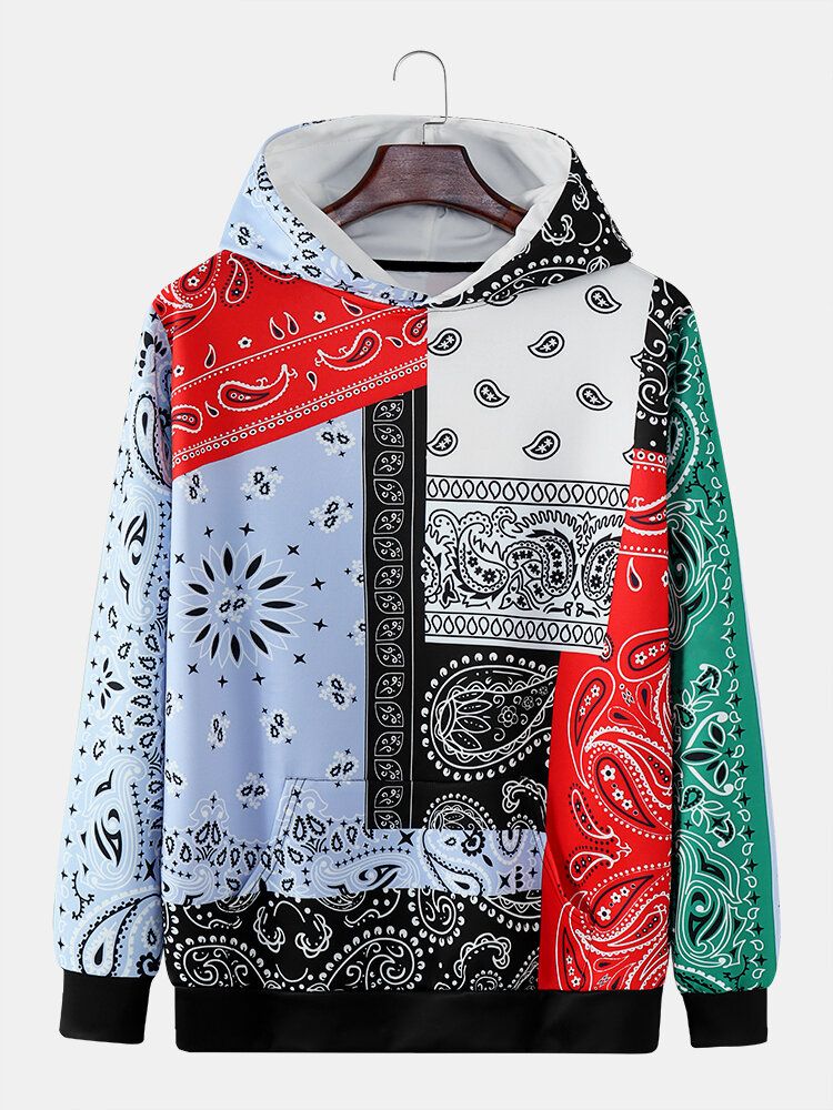 Herren Paisley Kontrastfarbe Patchwork Kapuzen-sweatshirt Mit Kängurutasche