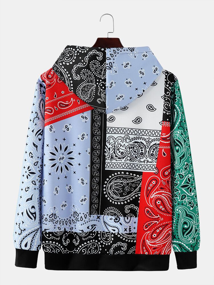 Herren Paisley Kontrastfarbe Patchwork Kapuzen-sweatshirt Mit Kängurutasche