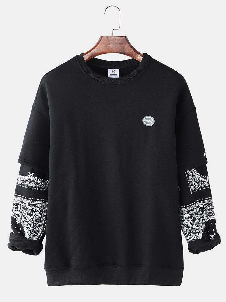 Herren Patchwork Paisley Print Faux Twinset Pullover Drop Shoulder Sweatshirts