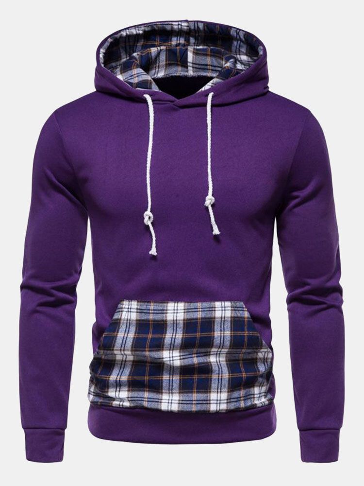 Herren Patchwork Plaid Kangaroo Pocket Kordelzug Lässiges Kapuzen-sweatshirt