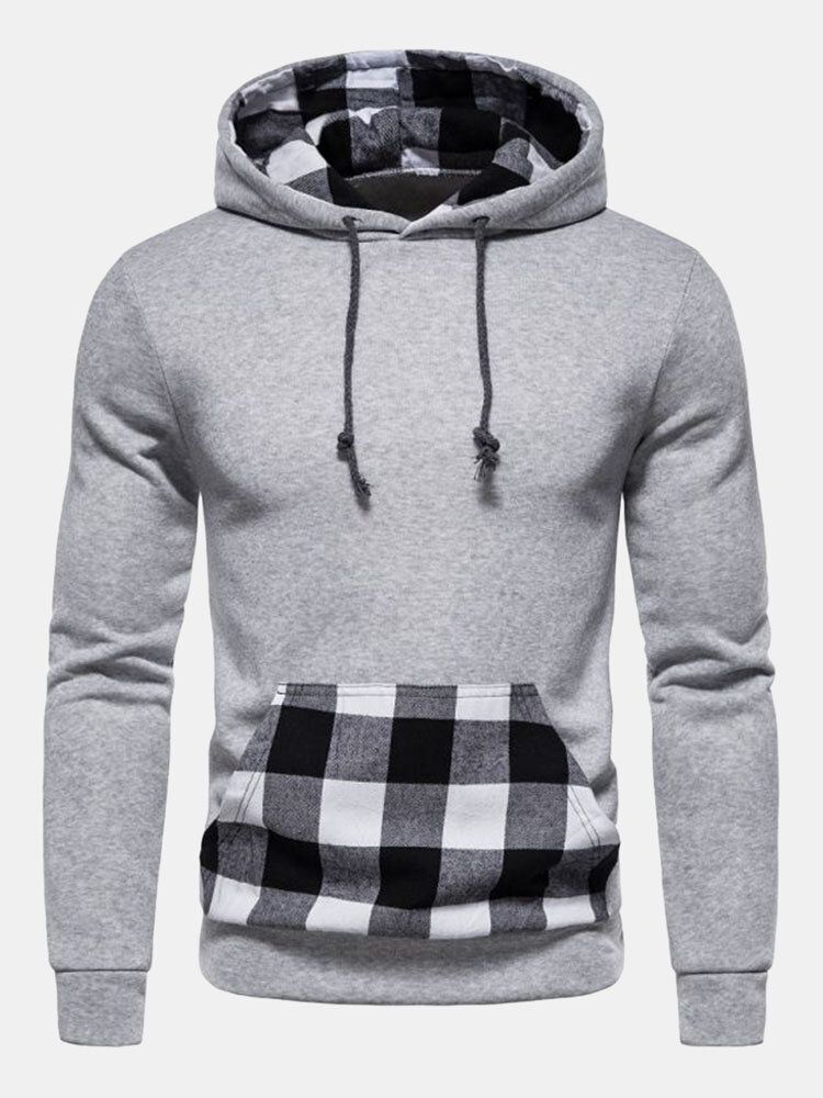 Herren Patchwork Plaid Kangaroo Pocket Kordelzug Lässiges Kapuzen-sweatshirt