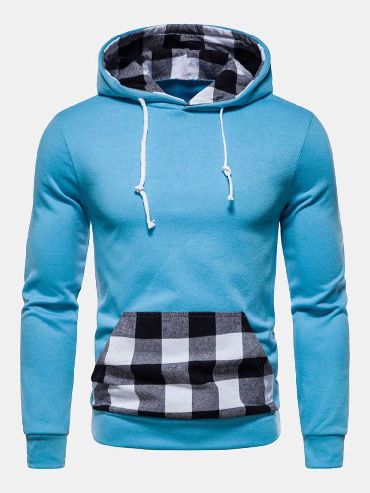 Herren Patchwork Plaid Kangaroo Pocket Kordelzug Lässiges Kapuzen-sweatshirt