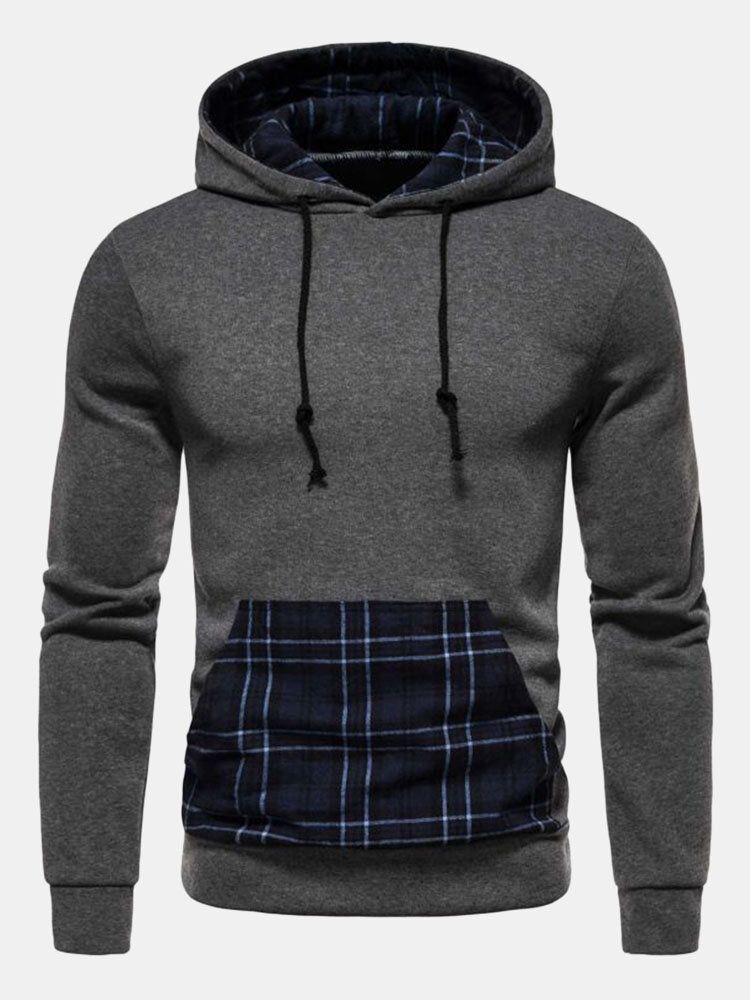 Herren Patchwork Plaid Kangaroo Pocket Kordelzug Lässiges Kapuzen-sweatshirt