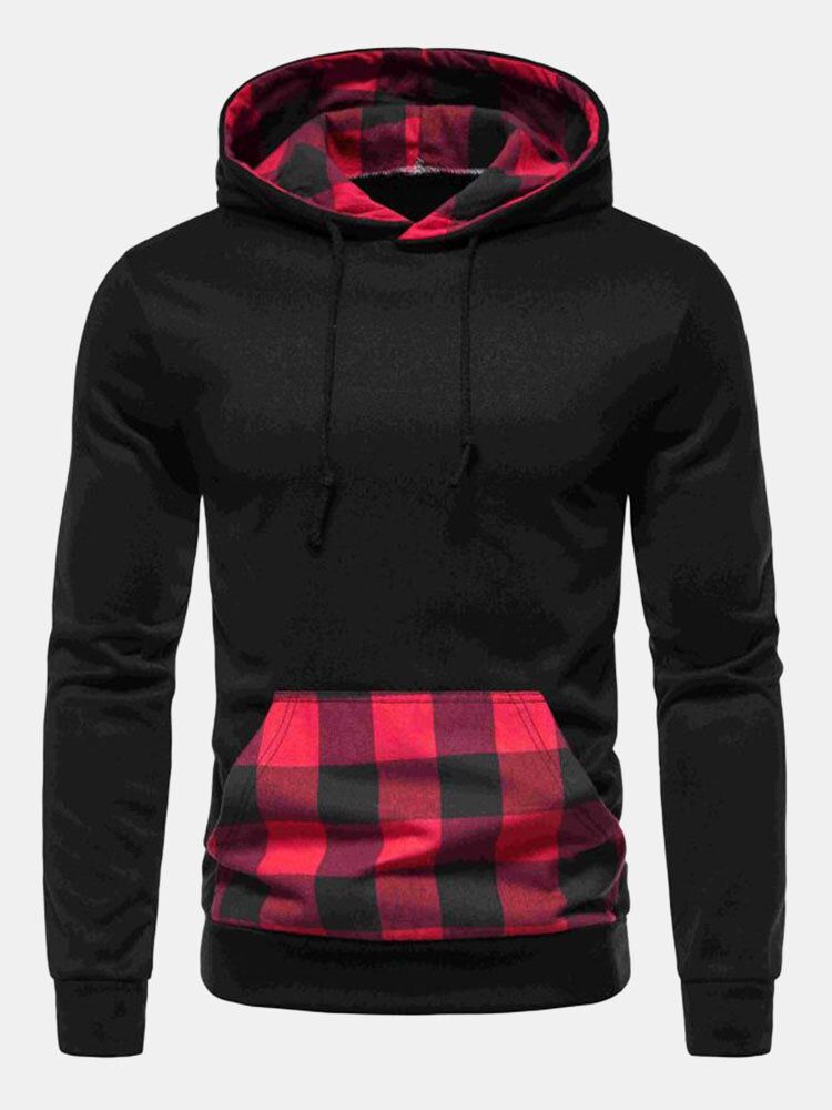 Herren Patchwork Plaid Kangaroo Pocket Kordelzug Lässiges Kapuzen-sweatshirt