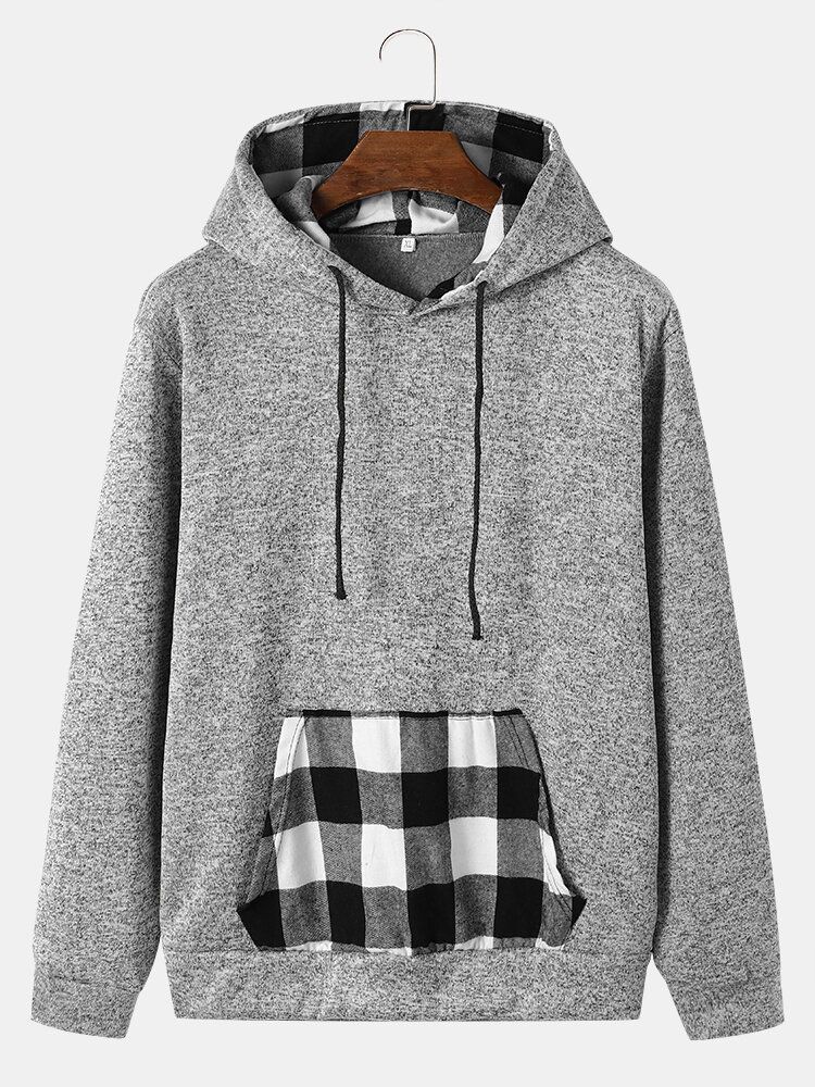 Herren Patchwork Plaid Kangaroo Pocket Kordelzug Lässiges Kapuzen-sweatshirt