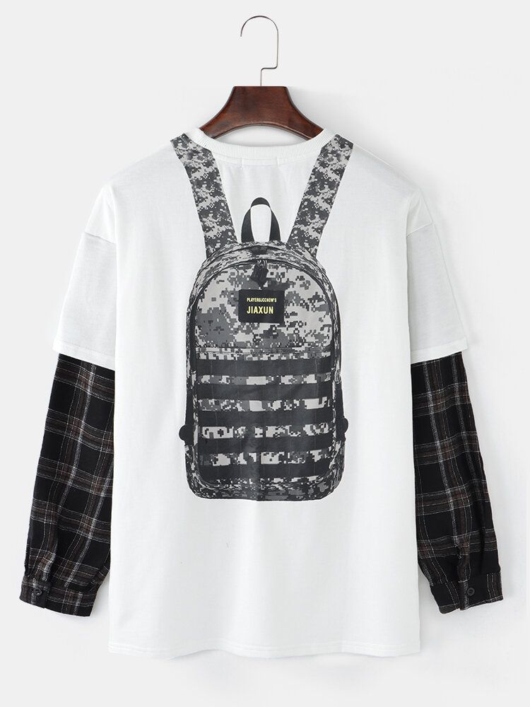 Herren-rucksack-sweatshirt Mit Grafischem Rückenaufdruck Patchwork Kariert Faux-twinset-pullover