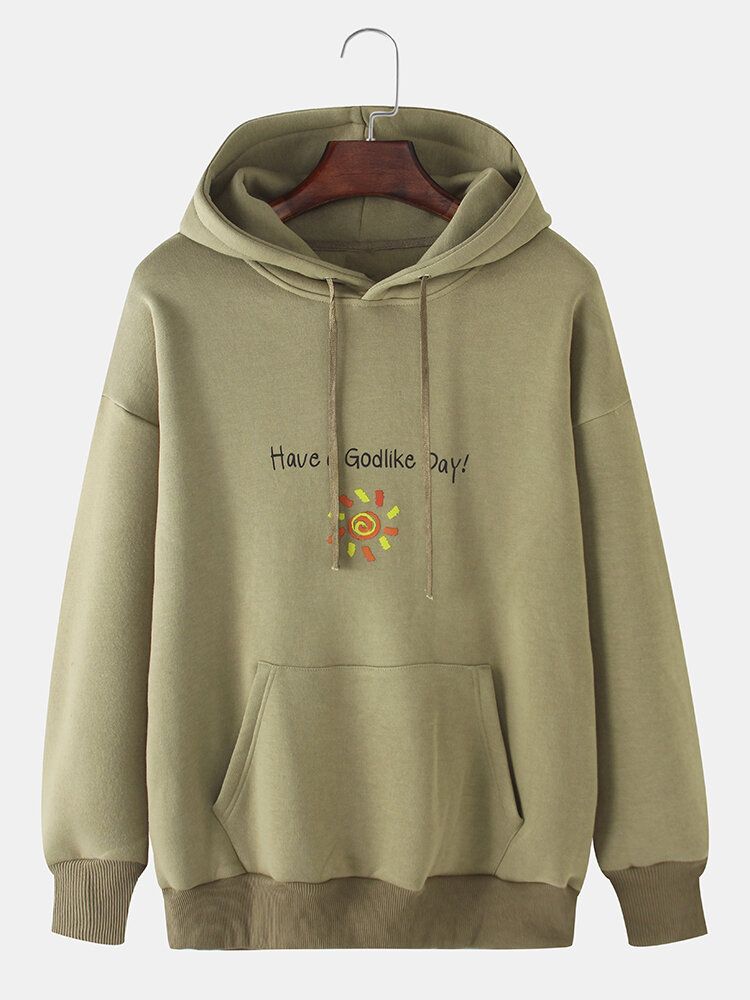 Herren-slogan-cartoon-sonnenaufdruck Einfarbig Känguru-tasche Lässiger Hoodie