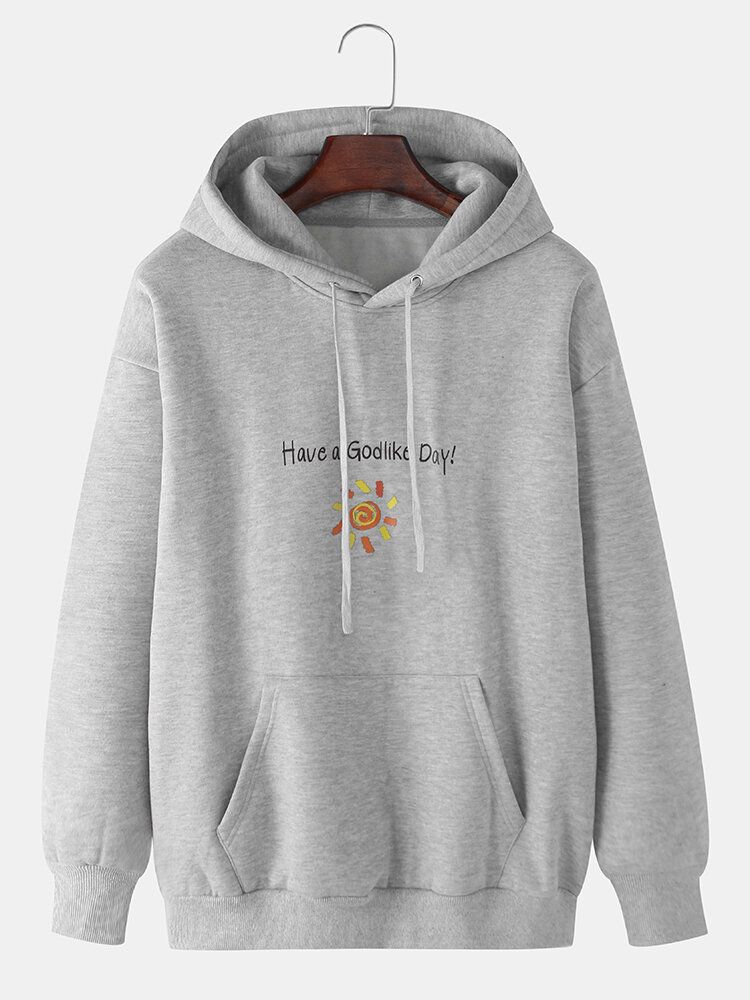 Herren-slogan-cartoon-sonnenaufdruck Einfarbig Känguru-tasche Lässiger Hoodie