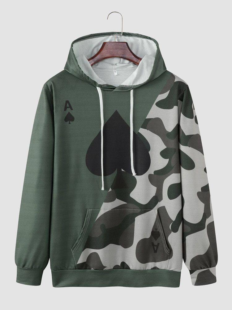 Herren Spade Camo Print Patchwork Drawstring Kangaroo Pocket Hoodies