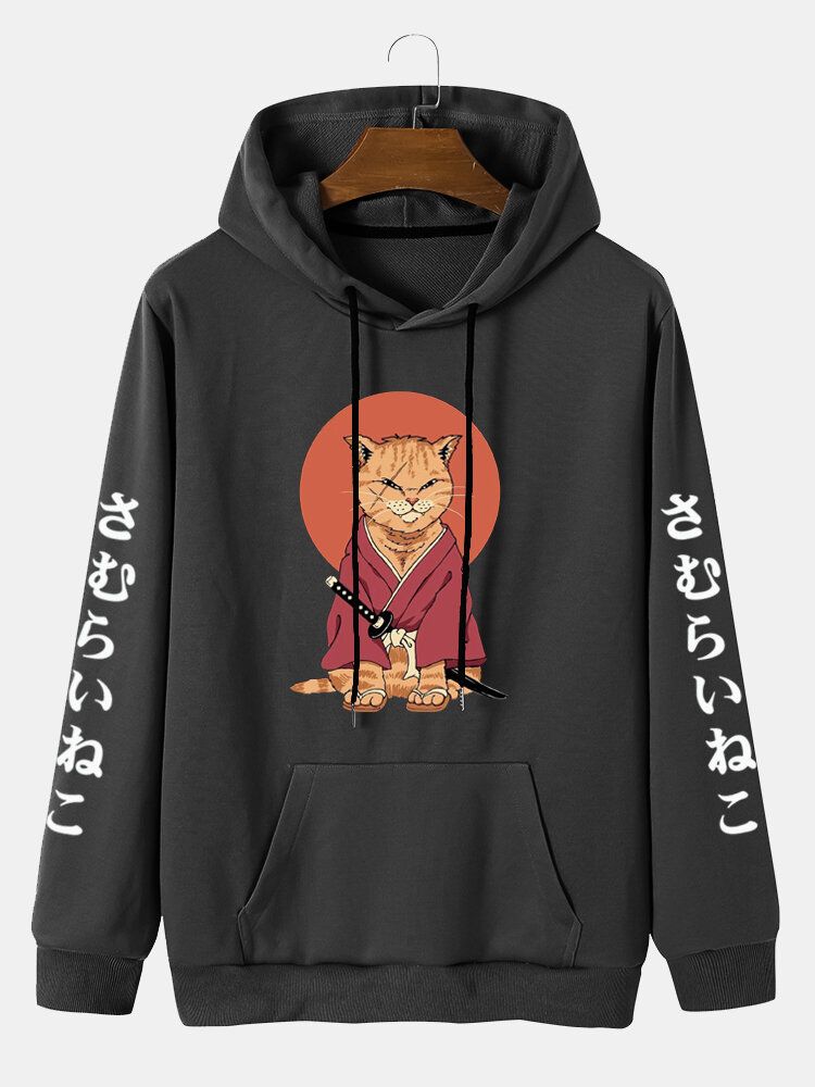 Herren-sweatshirt Im Japanischen Stil Mit Katzen-print Und Kängurutasche