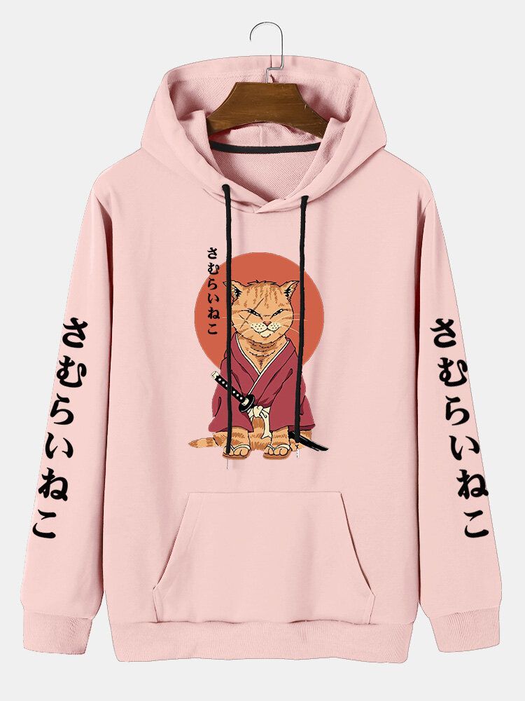 Herren-sweatshirt Im Japanischen Stil Mit Katzen-print Und Kängurutasche