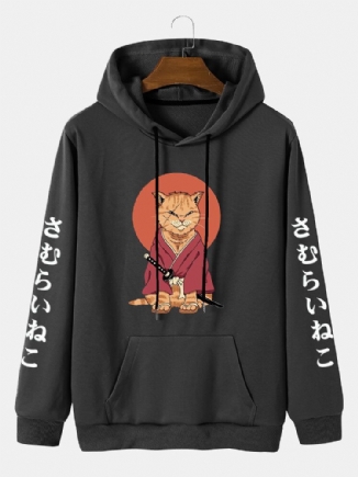 Herren-sweatshirt Im Japanischen Stil Mit Katzen-print Und Kängurutasche