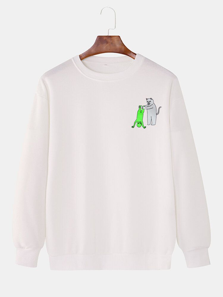 Herren-sweatshirt Mit Cartoon-katzen-alien-print Und Rundhalsausschnitt Aus Baumwolle Mit Fallender Schulter