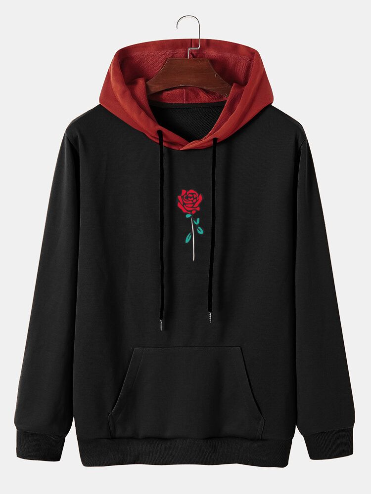 Herren-sweatshirt Mit Rosenmuster Und Kordelzug Und Kängurutasche