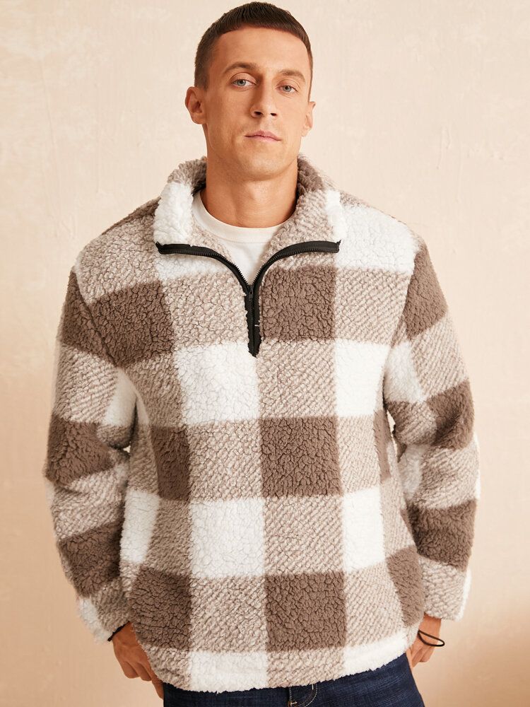 Herren Teddy-pullover Lockerer Pullover Mit Halbem Reißverschluss Und Kordelzug Am Revers