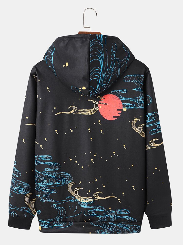 Herren Ukiyoe Landschaft Drawstring Kangaroo Pocket Lässiges Kapuzen-sweatshirt