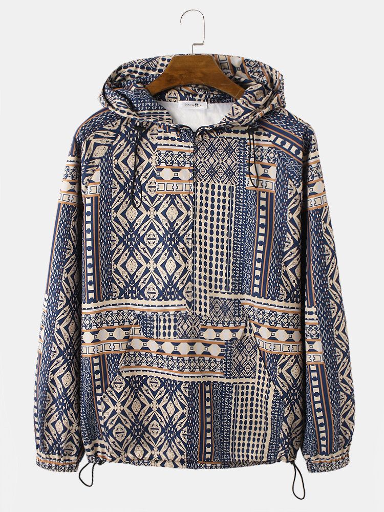 Herren Vintage Tribal Pattern Print Drawstrin Saum Pullover Hoodie Tragbare Windjacke