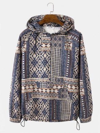 Herren Vintage Tribal Pattern Print Drawstrin Saum Pullover Hoodie Tragbare Windjacke