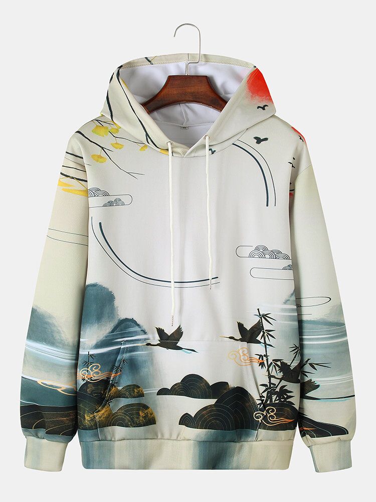 Känguru-taschen-chinoiserie-hoodies Im Ethno-stil Für Herren Mit Landschaftsmalerei