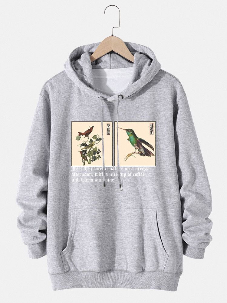 Kapuzenpullover Aus Baumwolle Mit Kordelzug Vogel Chinesische Malerei Textdruck Für Herren