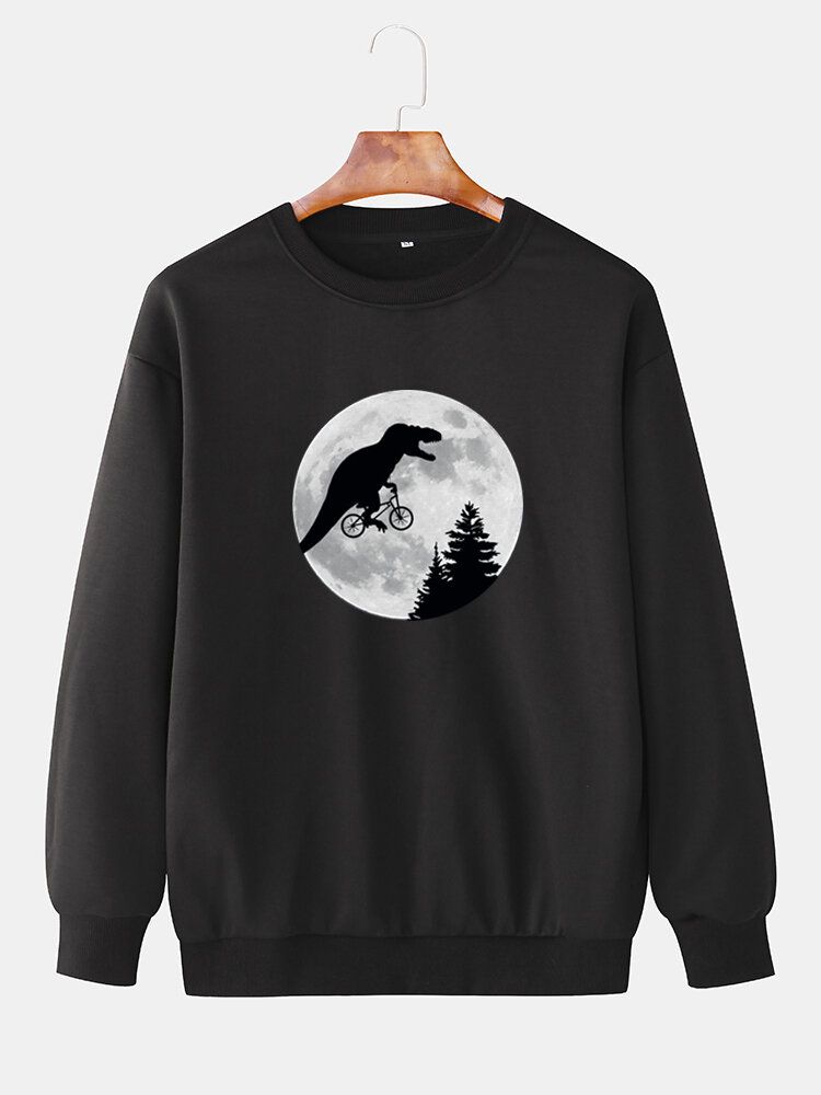 Lässige Baumwoll-sweatshirts Mit Fallender Schulter Und Mond-dinosaurier-grafiken Für Herren Mit Rundhalsausschnitt