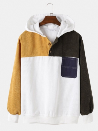 Lässige Hoodies Aus Cord Mit Patchwork-brusttasche Und Halber Knopfleiste Für Herren