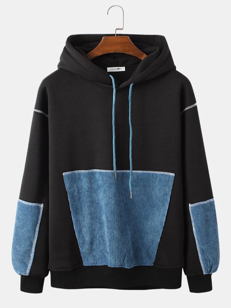 Lässige Hoodies Aus Schwarzem Patchwork-cord Mit Taschen Und Langen Ärmeln Für Herren