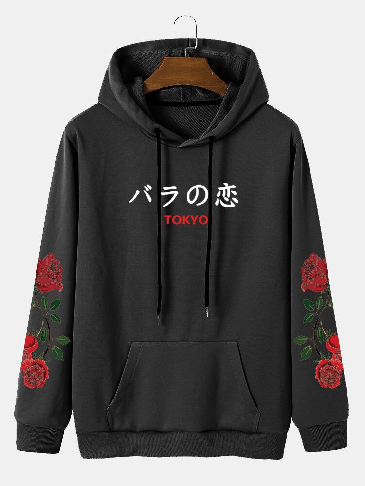 Lässige Hoodies Mit Kordelzug Und Taschen Für Herren In Rose Mit Japanischem Buchstaben