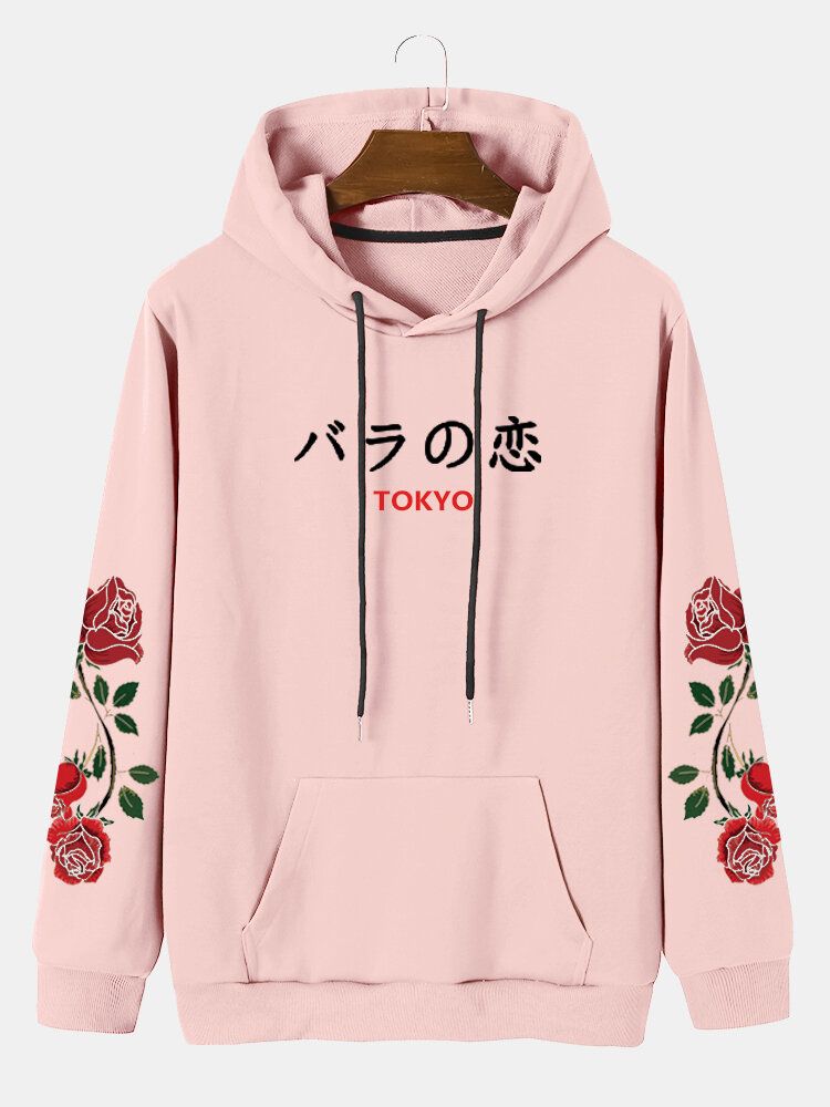 Lässige Hoodies Mit Kordelzug Und Taschen Für Herren In Rose Mit Japanischem Buchstaben