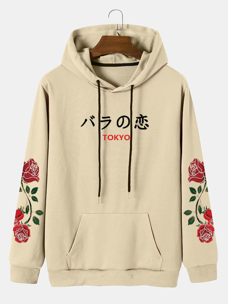 Lässige Hoodies Mit Kordelzug Und Taschen Für Herren In Rose Mit Japanischem Buchstaben