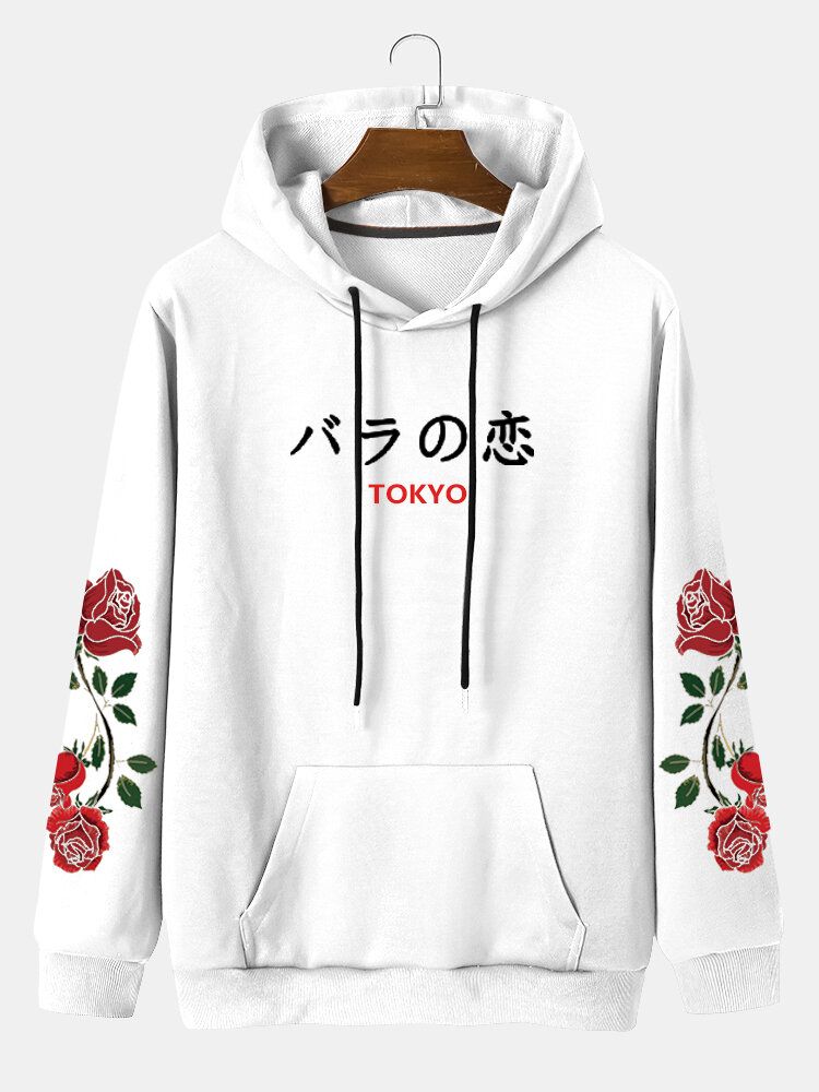 Lässige Hoodies Mit Kordelzug Und Taschen Für Herren In Rose Mit Japanischem Buchstaben