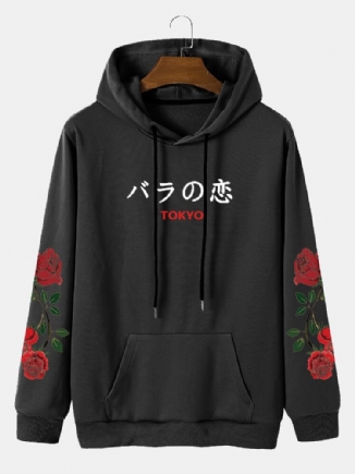 Lässige Hoodies Mit Kordelzug Und Taschen Für Herren In Rose Mit Japanischem Buchstaben