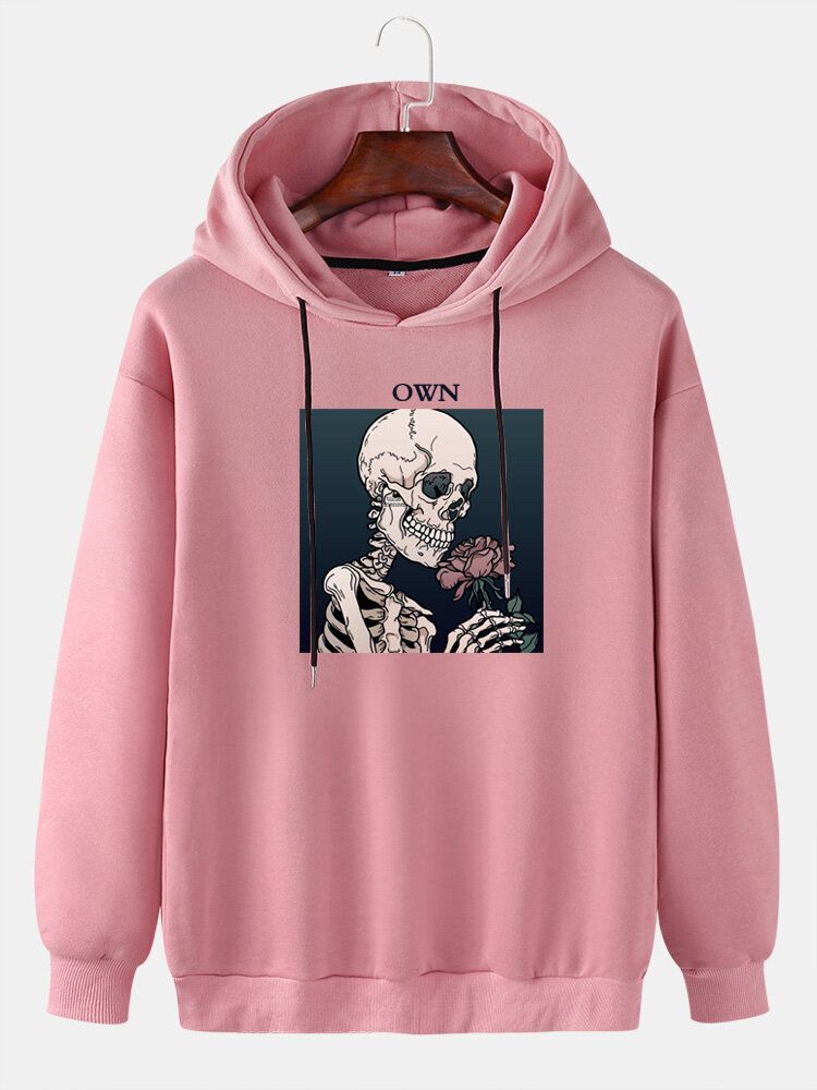 Lässige Kapuzenpullover Mit Kordelzug Und Skelettierter Rose Für Herren Mit Grafischem Buchstabendruck