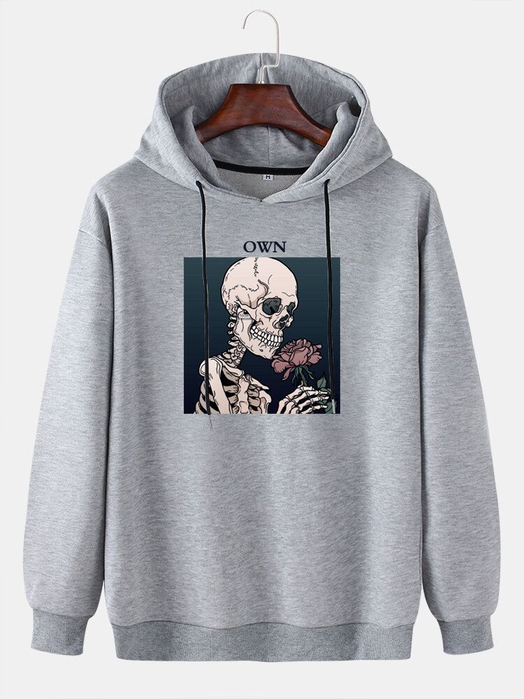 Lässige Kapuzenpullover Mit Kordelzug Und Skelettierter Rose Für Herren Mit Grafischem Buchstabendruck