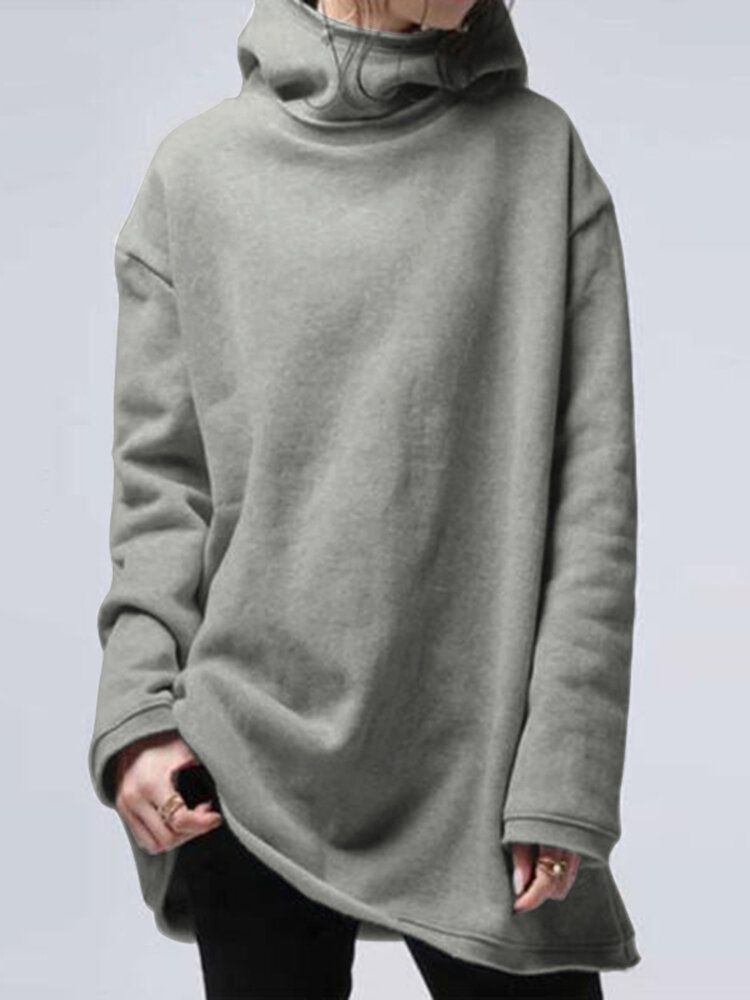 Lässige Lockere Lange Einfarbige Sweatshirts Mit Kapuze Und Umlegekragen Für Damen